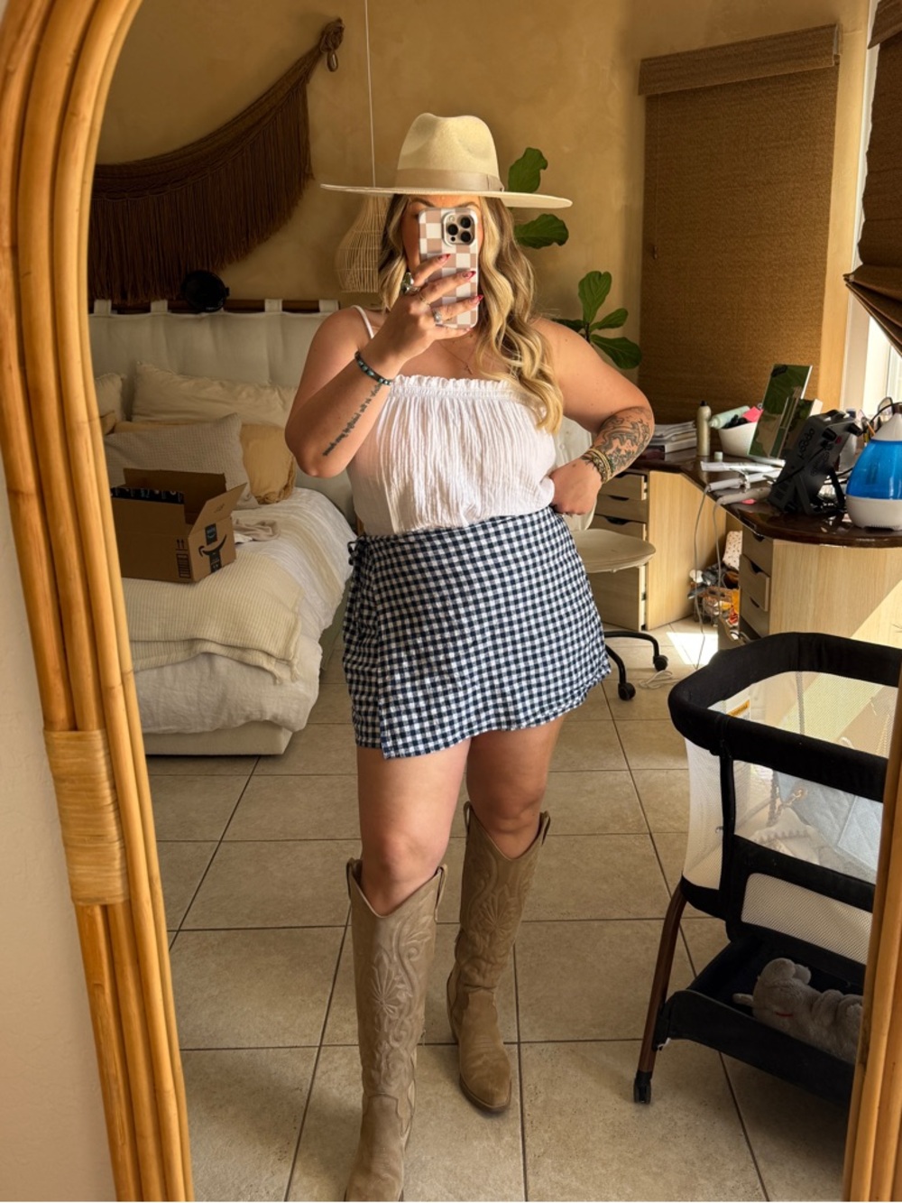 Old Navy Navy & White Gingham Drawstring Skort